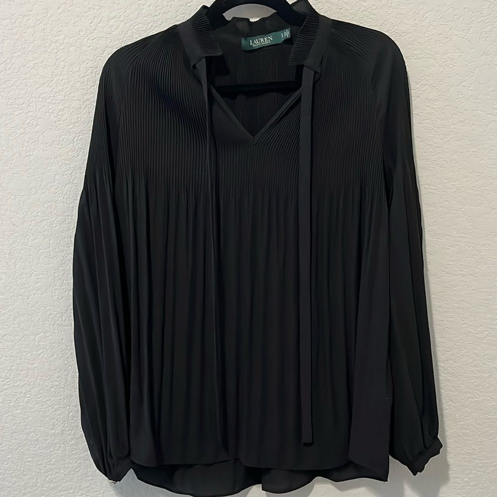 LAUREN RALPH LAUREN Women's Black Pleated Tie Neck Blouse, Size S